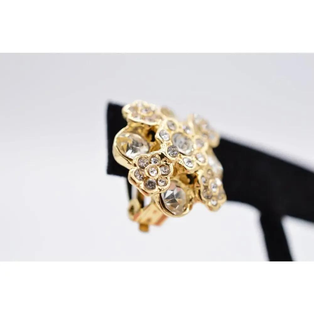 Vintage Crystal Flower Clip On Earrings Rhinestone Gold Tone Shiny 1980s BinAF